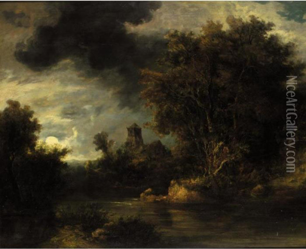 Moonlight River Scene Oil Painting - John Berney Crome