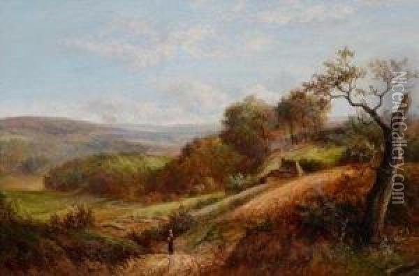 Figures On A Pathway In A Wooded Valley Near A Cottage Oil Painting - Joseph Thors
