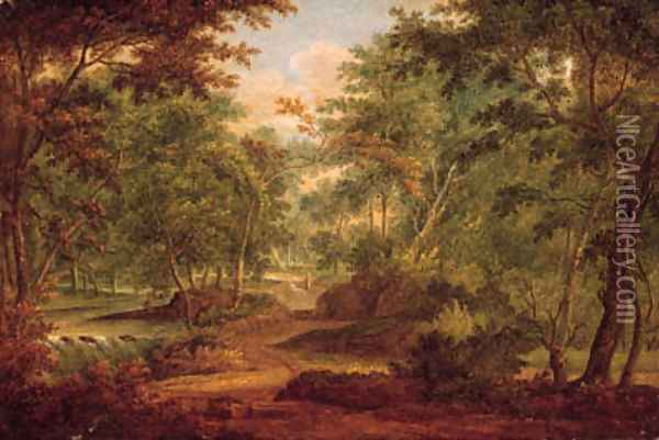 A traveller on a sandy track by a waterfall in a forest Oil Painting - Abraham Govaerts