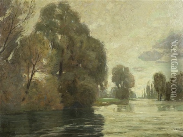 Lakeside Landscape Oil Painting - Wilhelm Volz