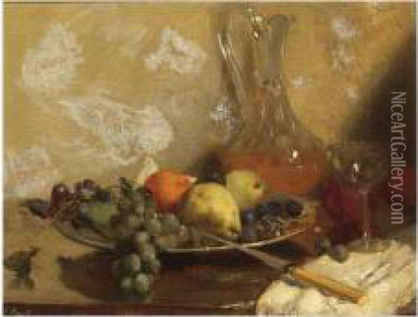 Still Life With Grapes,oranges And A Knife, All On A Wooden Table Oil Painting - Salomon Garf
