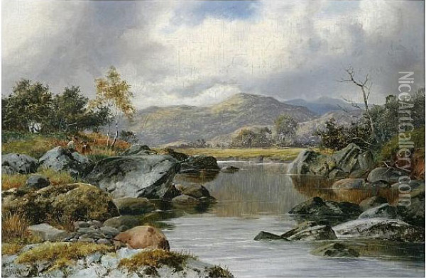 River Landscape With Anglers Oil Painting - William Henry Mander