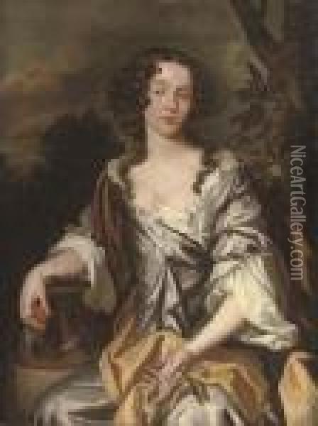 Portrait Of A Lady, Seated, 
Three-quarter-length, In An Oyster Satin Dress And Yellow Mantle, A 
Sprig Of Orange Blossom In Her Left Hand And An Orange In Her Right, By 
An Urn, In A Landscape Oil Painting - Sir Peter Lely