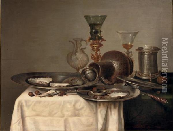 Oysters And Hazelnuts On Pewter Dishes Oil Painting - Cornelis Mahu