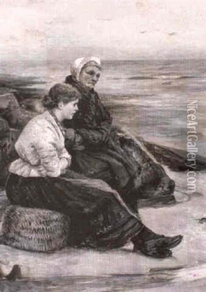 Old Betty Laidler And Mary Lisle, Cullercoats Oil Painting - Robert Jobling