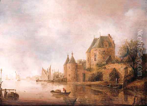 A view of the St. Janspoort, Haarlem, with a fisherman in a rowing boat nearby Oil Painting - Wouter Knijff