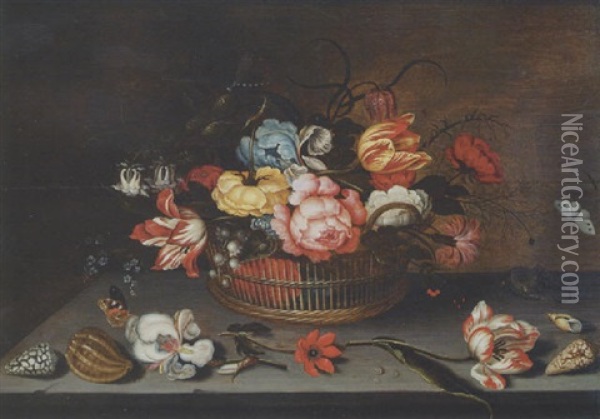 Tulips, Roses And Other Flowers In A Basket With A Lizard, Shells, An Iris, An Anemone, A Tulip And A Butterfly On The Ledge Oil Painting - Ambrosius Bosschaert the Younger