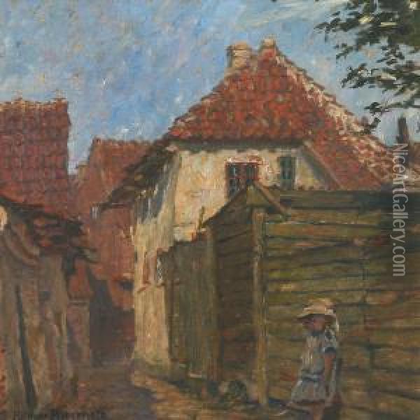 Street Scenery With Girl At A Hoarding, Probably Ribe Oil Painting - Hilmar Riberholt