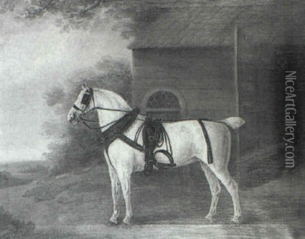 Portrait Of A Grey Coach Horse, Before A Stable, A          Landscape Beyond Oil Painting - James Loder Of Bath