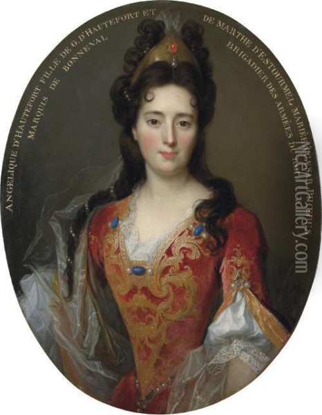 Portrait Of Angelique 
D'hautefort, Half-length, In A Red And Gold Embroidered Bodice And Skirt Oil Painting - Nicolas de Largillierre