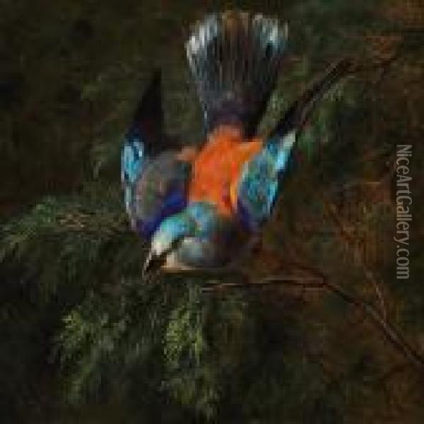 A Jay In A Spruce Oil Painting - Johan Laurentz Jensen
