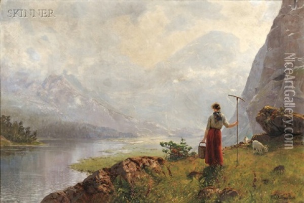 View With A Young Shepherdess On A Fjord Oil Painting - Hans Andreas Dahl