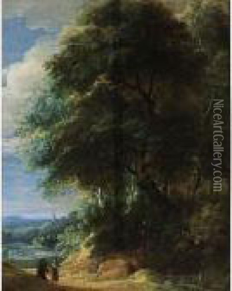 A Wooded Landscape With Two Travellers Conversing On A Path Oil Painting - Jaques D'Arthois