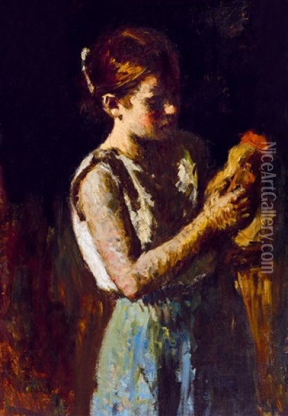 Girl With A Rooster Oil Painting - Jozsef Koszta