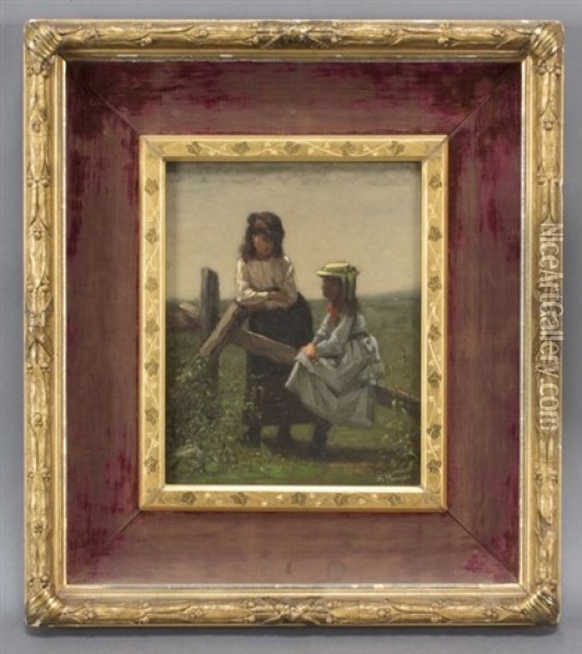Two Young Girls Having A Chat In A Meadow Oil Painting - William Morgan