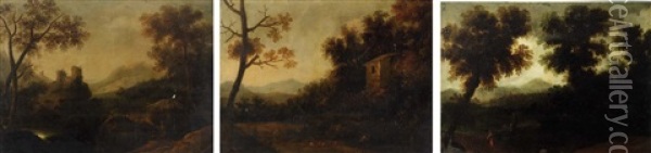 A Figure And His Hound In An Extensive Landscape (+ 2 Others; 3 Works) Oil Painting - Francisco Collantes