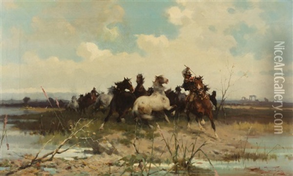 Zusammentreiben Wilder Pferde Oil Painting - Alfredo Tominz