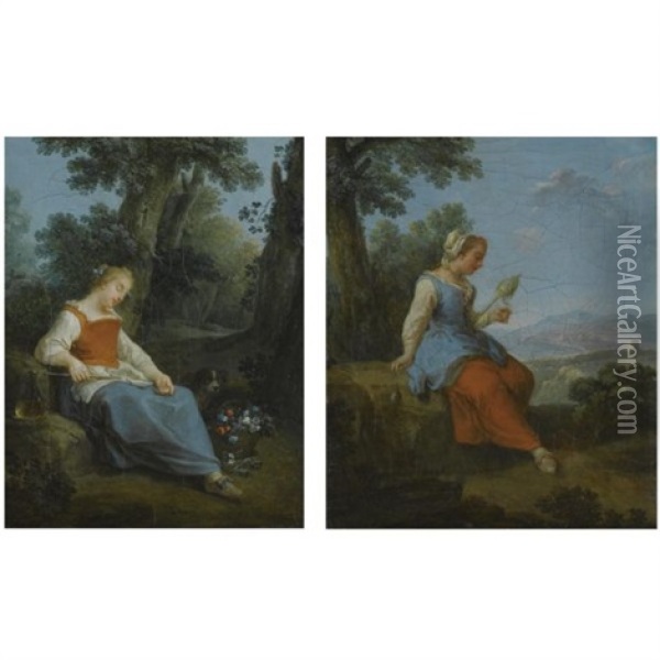 A Shepherdess At Rest (+a Spinner At Rest; Pair) Oil Painting - Paolo Monaldi