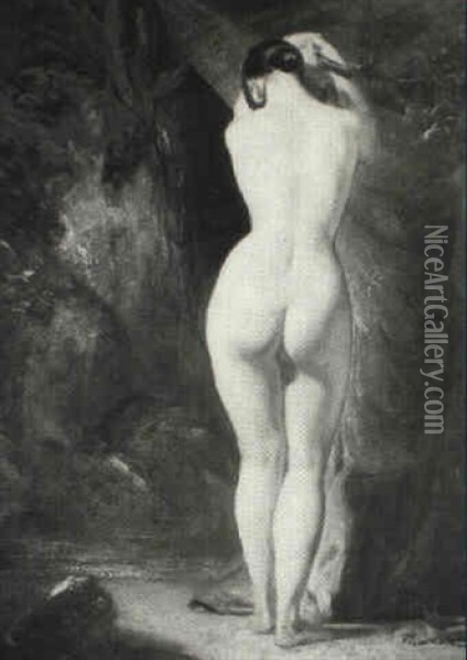 Study Of A Female Nude Standing Full Length Before A Waterfall Oil Painting - William Etty