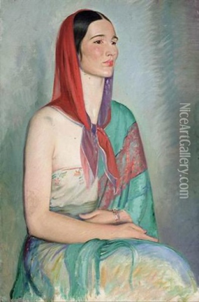 Portrait Of A Lady In A Headscarf Oil Painting - William (Sir) Rothenstein