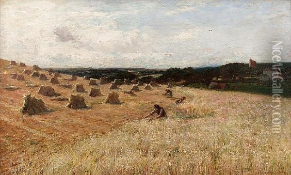 Harvesting, Possibly Dirleton Castle Behind Oil Painting - James Campbell Noble