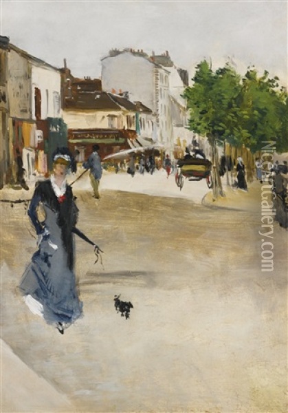 Boulevard De Clichy, L'elegante Au Caniche Oil Painting - Norbert Goeneutte