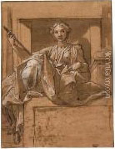 A Seated Female Figure Holding A Staff Oil Painting - Taddeo Zuccaro