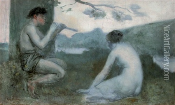 Satyre Jouant De La Flute A Une Faunesse Oil Painting - Eugene Carriere