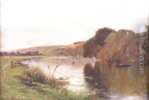 River Landscape With Small Boats Oil Painting - Ernest Parton