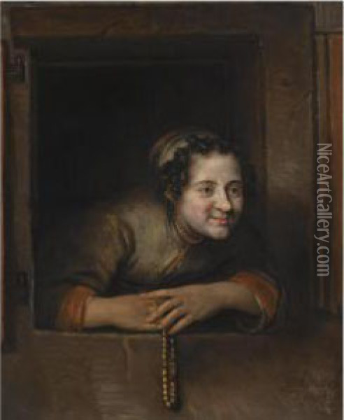 A Young Woman Leaning Out Of A Window Oil Painting - Philips Koninck