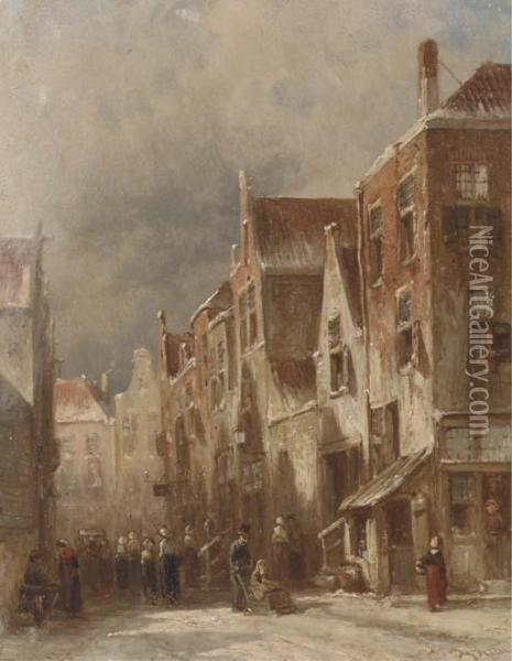 A Busy Sunlit Street In Winter Oil Painting - Pieter Gerard Vertin