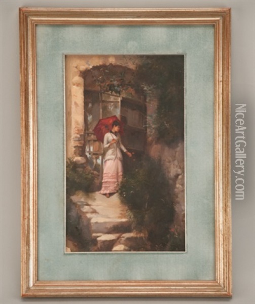 Lady With Red Parasol Oil Painting - Antal (Laszlo) Neogrady