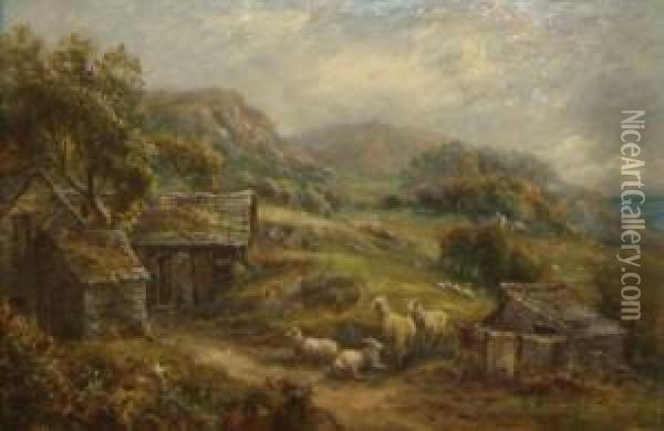 Country Landscape With Sheep And Buildings Oil Painting - William Henry Waring