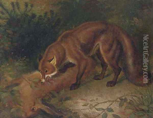 A fox eating a hare Oil Painting - English School