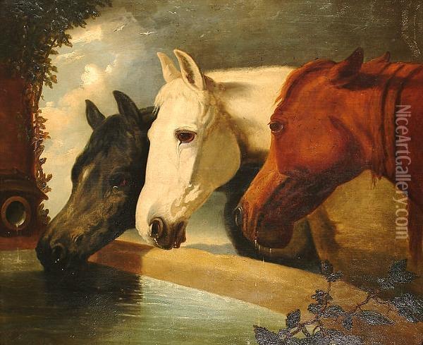 At The Trough. Oil Painting - John Frederick Herring Snr