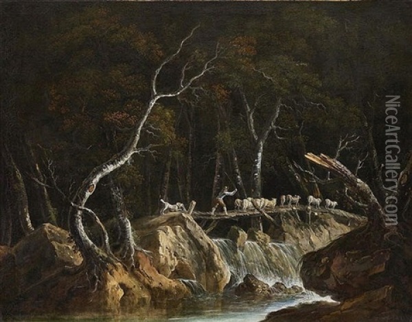 Evening Landscape With Homecoming Shepherds On A Wooden Bridge Over A Waterfall Oil Painting - Jean Baptiste Pillement