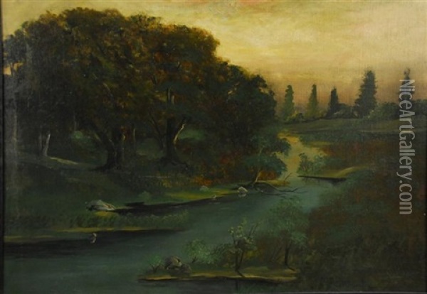 River Landscape At Sunset Oil Painting - Edward Bannister