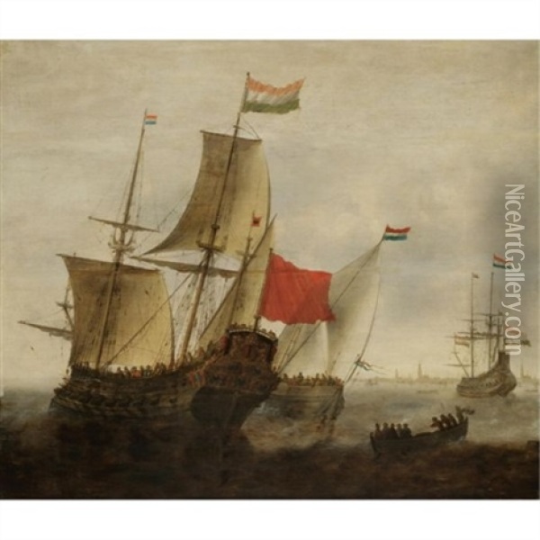 A Dutch Man-of-war And Merchantmen Off Amsterdam Oil Painting - Jacob Adriaenz. Bellevois
