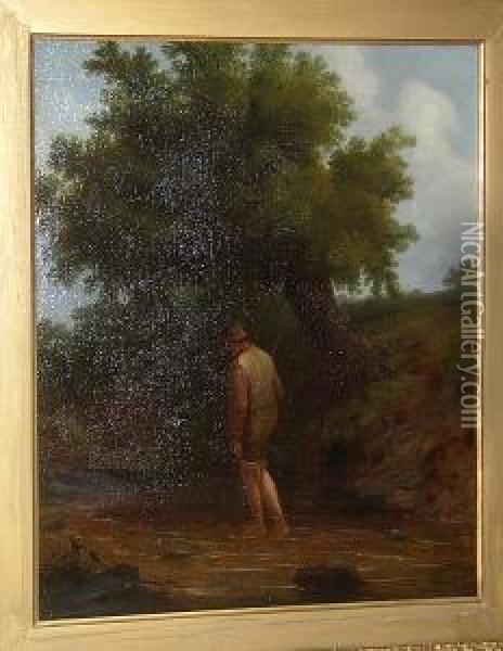 Boy Fishing In A Stream Oil Painting - Joseph Rhodes