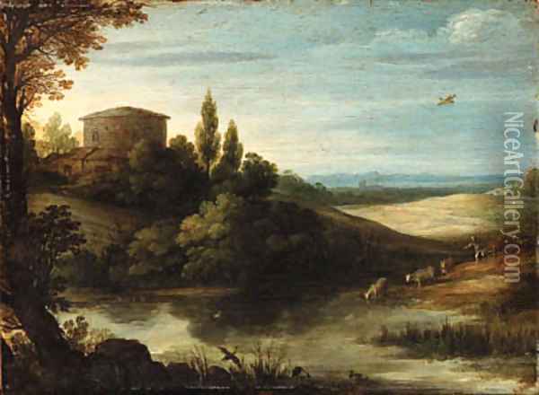 A landscape with a drover and cattle watering at a pond Oil Painting - Paul Bril