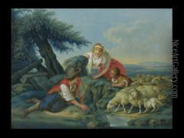 Italienische Landschaft Mit Familie An Der Tranke Oil Painting - Johann Jakob Hoch