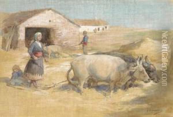 A Peasant Woman Driving Oxen Oil Painting - George Denholm Armour