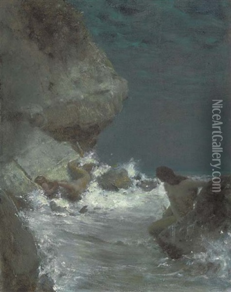 Mermaids Caught In The Storm Oil Painting - Benes (Benesch) Knuepfer