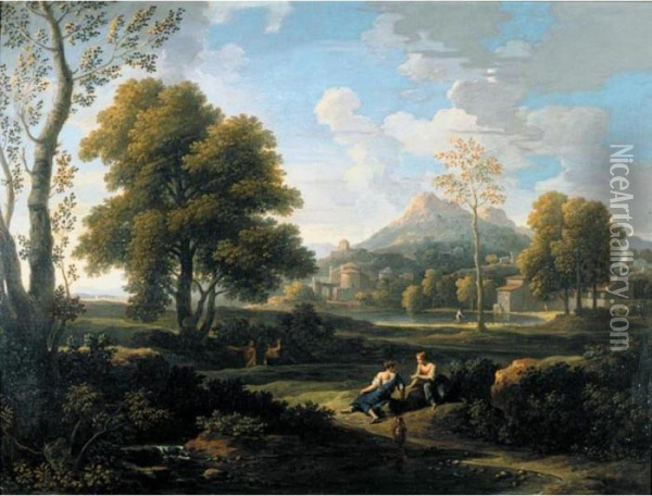 Classical Landscape With Resting Figures And A Lakeside Town Beyond Oil Painting - Jan Frans Van Bloemen (Orizzonte)