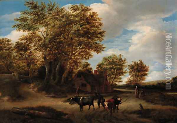 A wooded landscape with a herdsman and cattle on a track, peasants and a cottage beyond Oil Painting - Godaert Kamper