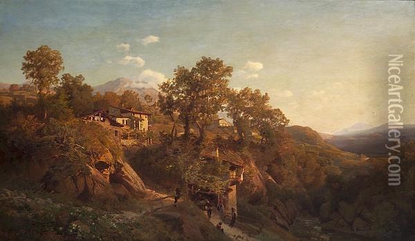 An Italianate Landscape With A Group Of Figures Outside A House In The Foreground Oil Painting - Valentin Ruths