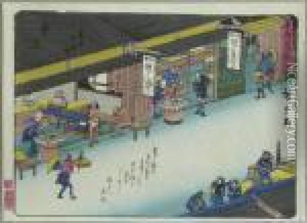 Kyoka Tokaido. Reisende In Den Speiselokalen Im Dorf Kuwana. Japan Oil Painting - Utagawa or Ando Hiroshige