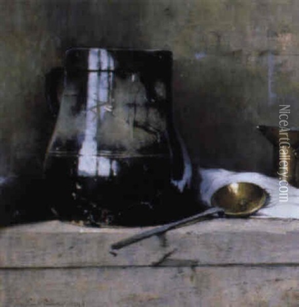 Still Life With Black Jug And Copper Spoon Oil Painting - Emil Carlsen