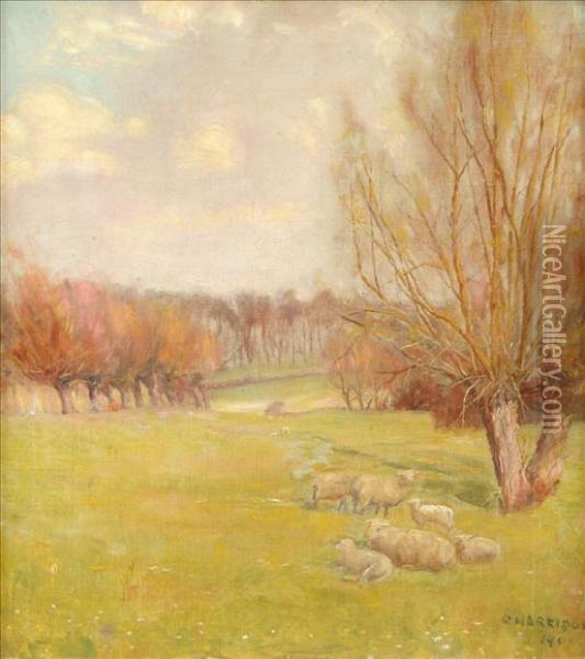 Sheep In An Extensive Landscape Oil Painting - George Harrison