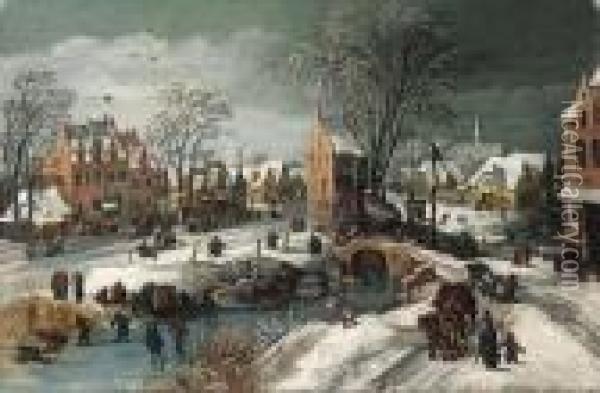 A Village In Winter Oil Painting - Joos De Momper